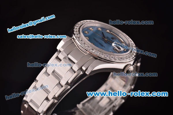 Rolex Day-Date Pearlmaster Swiss ETA 2836 Automatic Steel Case/Strap with Diamond Bezel and Ice-Blue MOP Dial - Click Image to Close